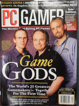 A cover of PC Gamer magazine featuring a photo shoot with John Carmack, Sid Meier and Richard Garriott smiling warmly at the camera