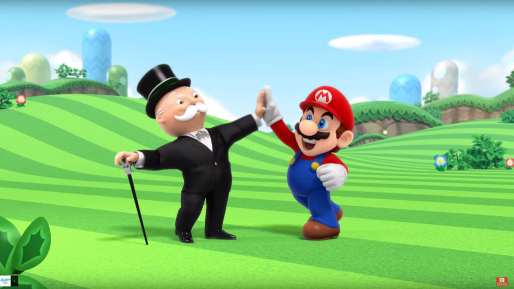 Super Mario high fives Uncle Pennybags in a television advertisement for 'Monopoly: Gamer Edition'