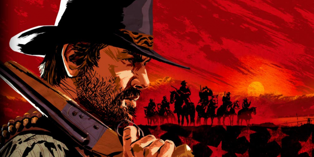 Promotional image showing Arthur Morgan and a gang of riders (and the landscape is an American flag, lol)